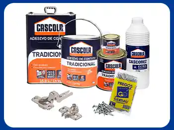 Colas, pregos, dobradiças e muito mais